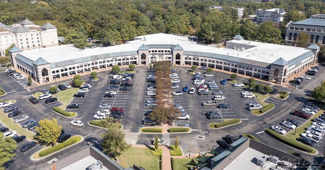 Aerial drone photograph of a retail shopping center